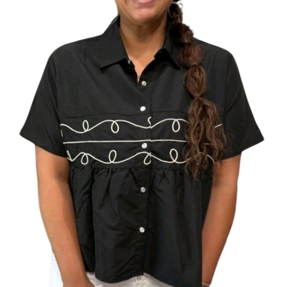 Two 2 Fly Loopty Lou Babydoll Western Top Size 2x - 3x Black White Swirl Cowgirl - Picture 8 of 8